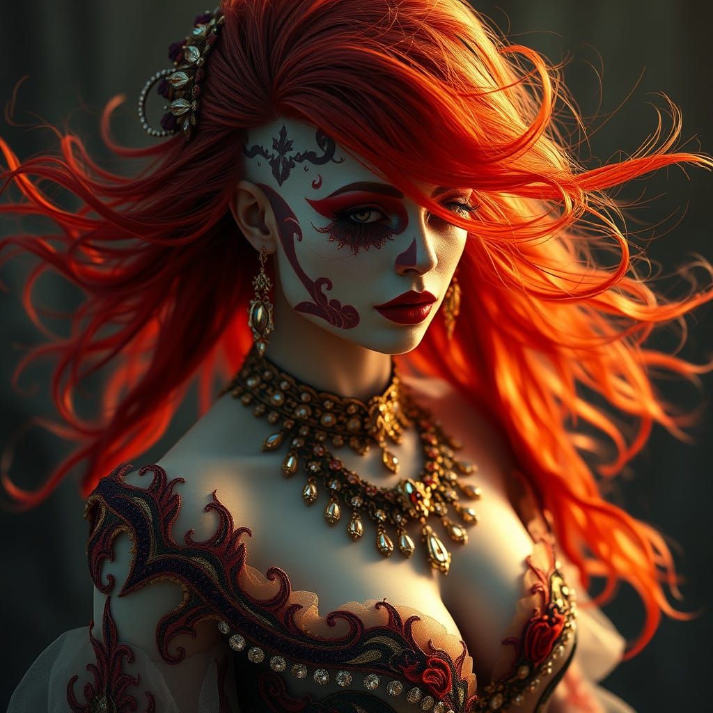 Ethereal Gothic Beauty in Red Hair and Regal Attire