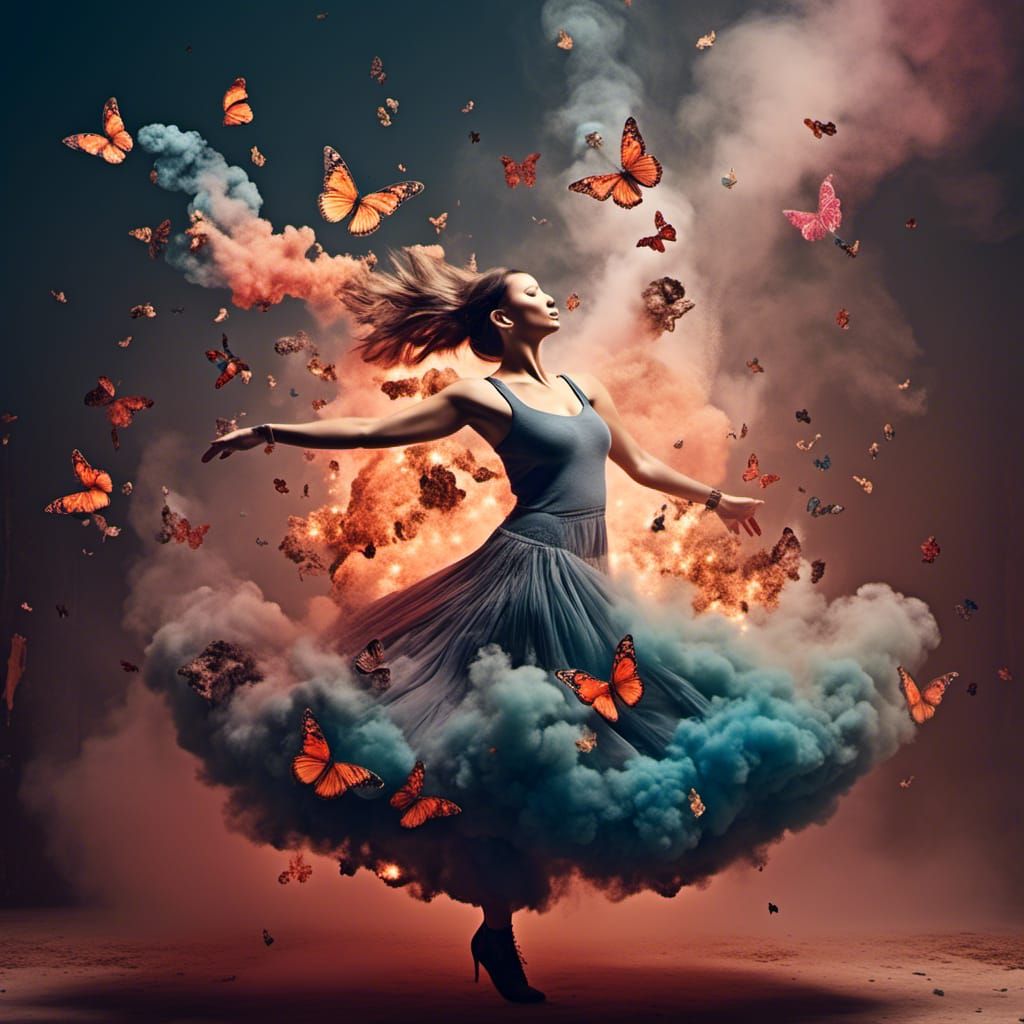 Dancing Woman Disintegrating into Smoke and Butterflies