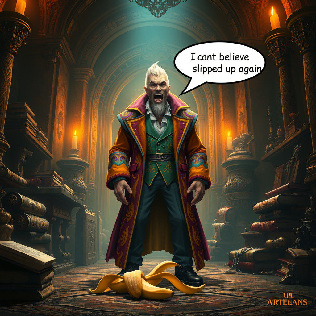 Mystical Figure Scolds Banana in Fantasy Art Style