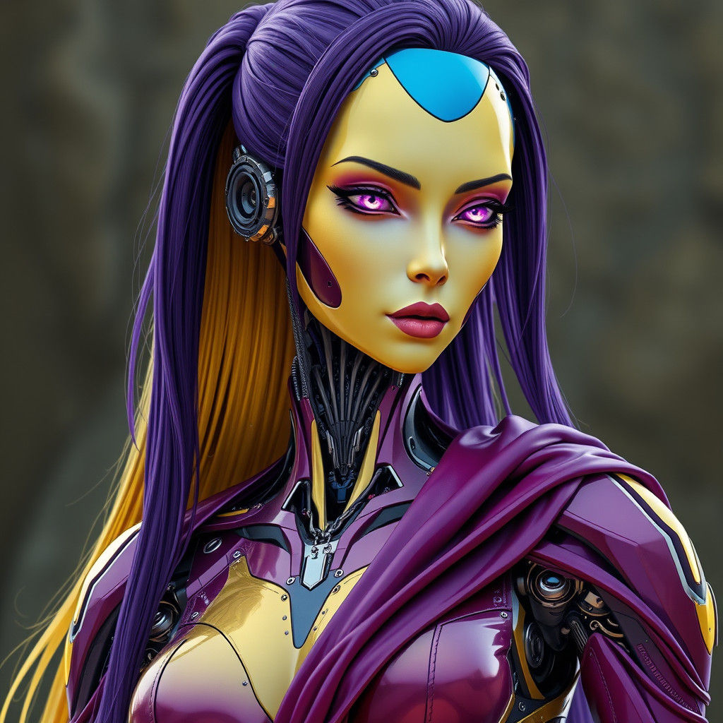 Robot Woman with Purple Hair, in Cyberpunk Style