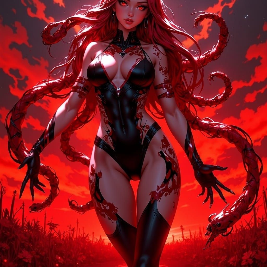 Anime Woman with Blood Blades in Crimson Field