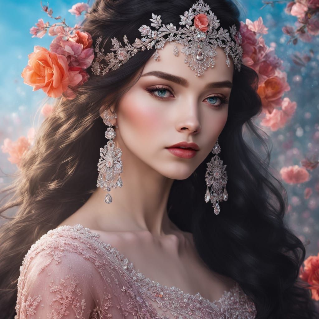 A stunning fantasy princess with long, flowing black hair ad...