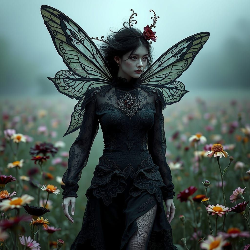Gothic Fairy Amidst Dark Blooms in Hyper-Detailed Gothic Jum...