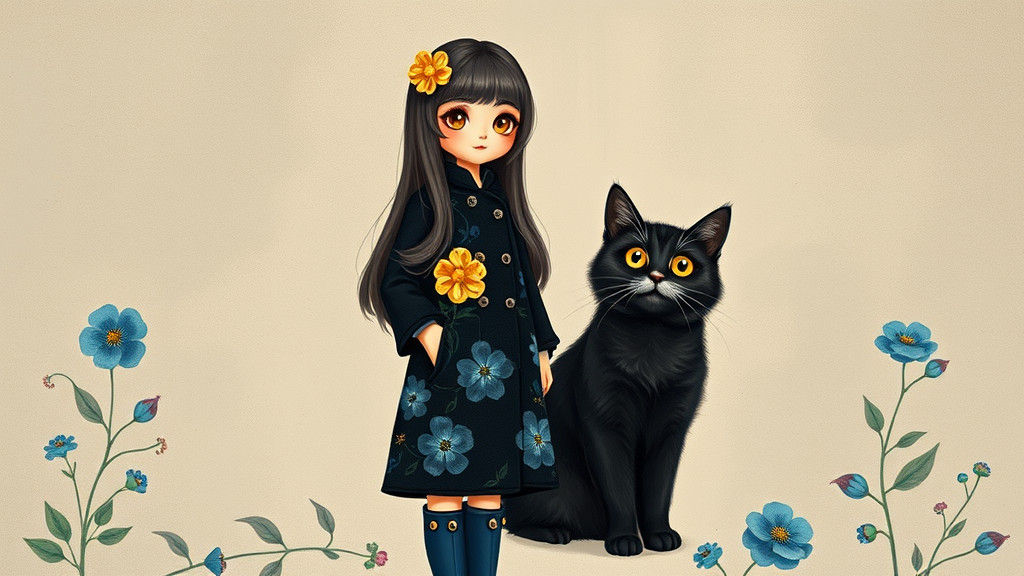 Elegant Woman with Cat in Dreamy Storybook Illustration