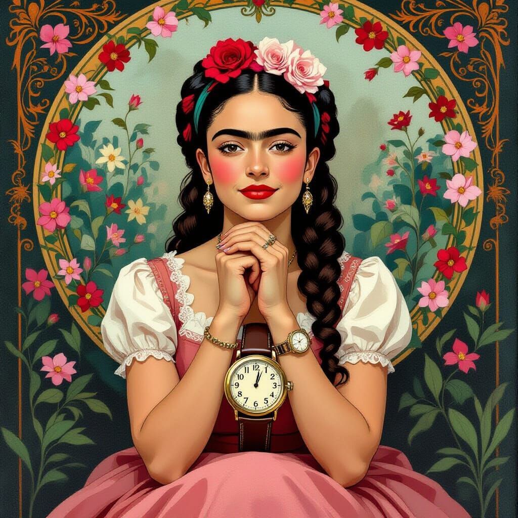 Woman Waiting with Stopped Clock in Romantic Style