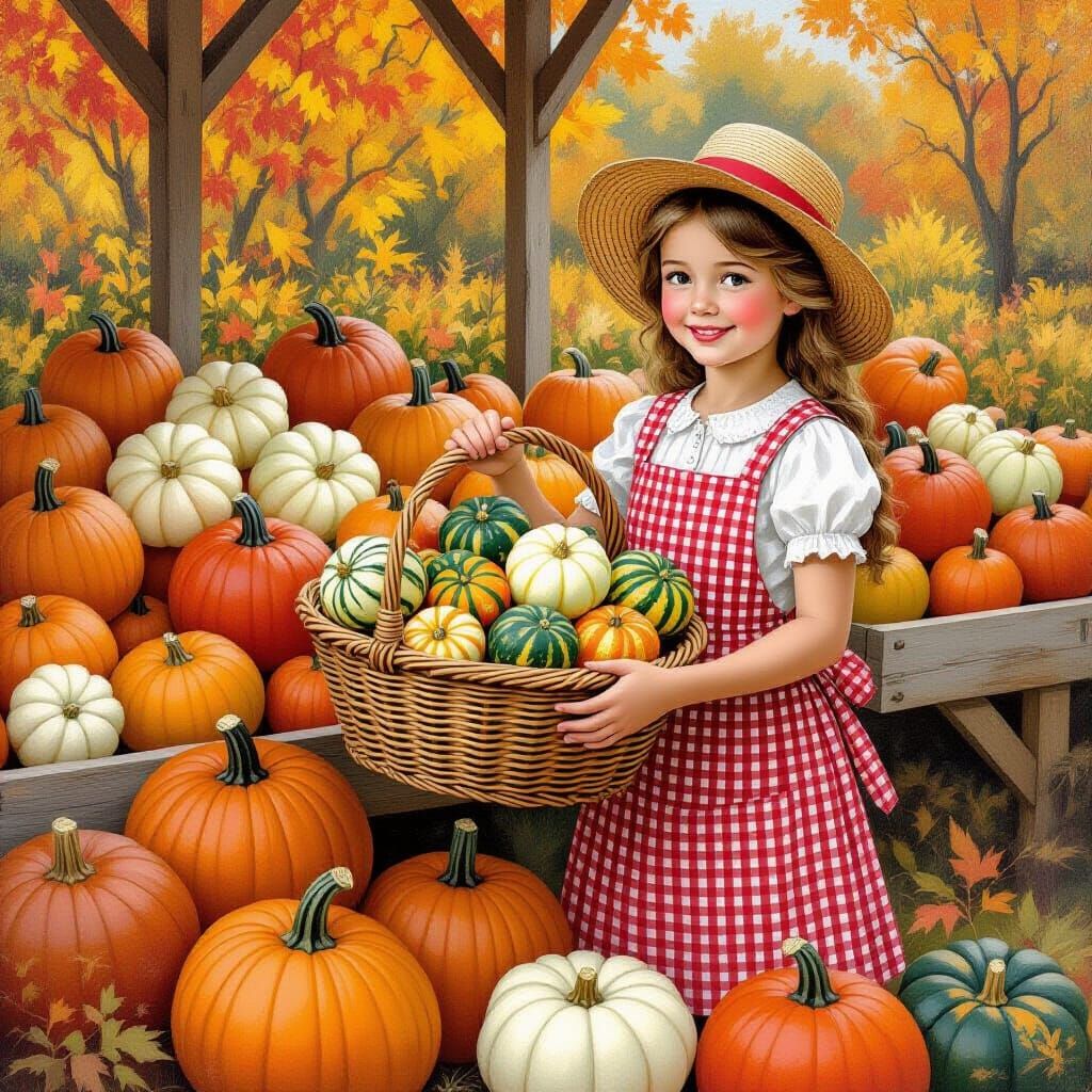 Abundant Autumn Harvest Market Stall with Girl