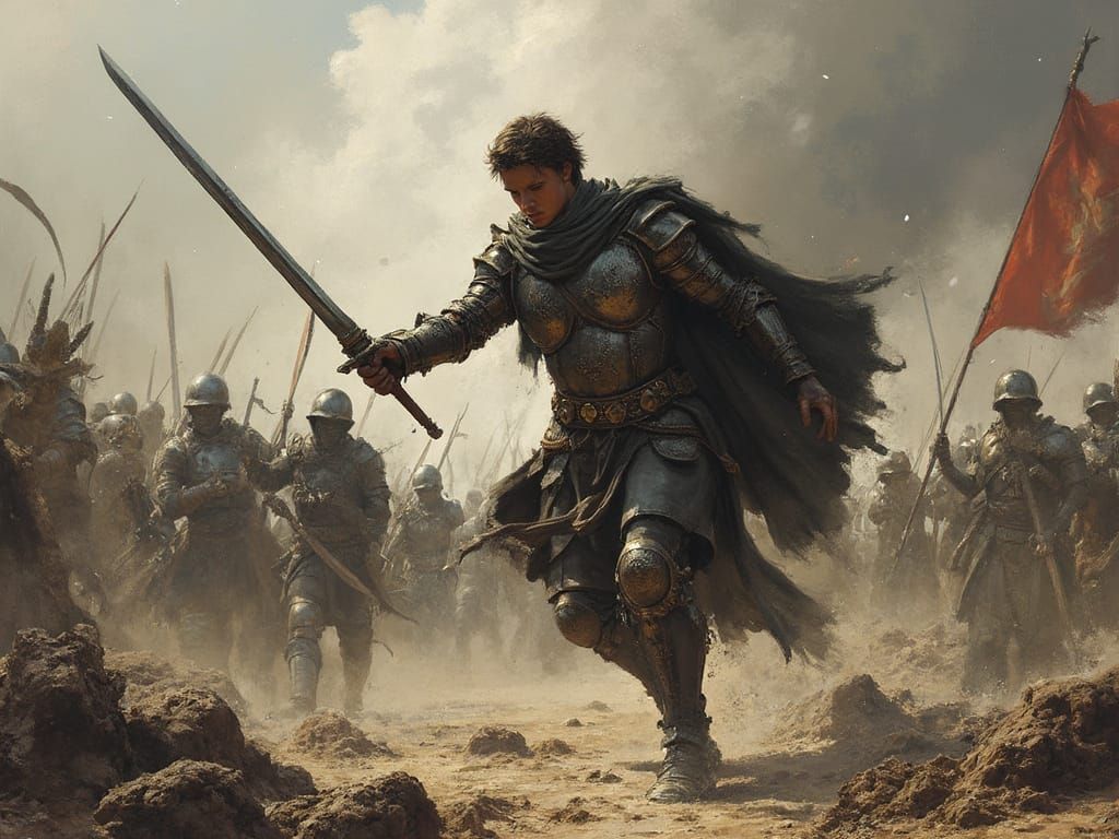 Warrior in Turbulent Battle, in a Dark Fantasy Aesthetic