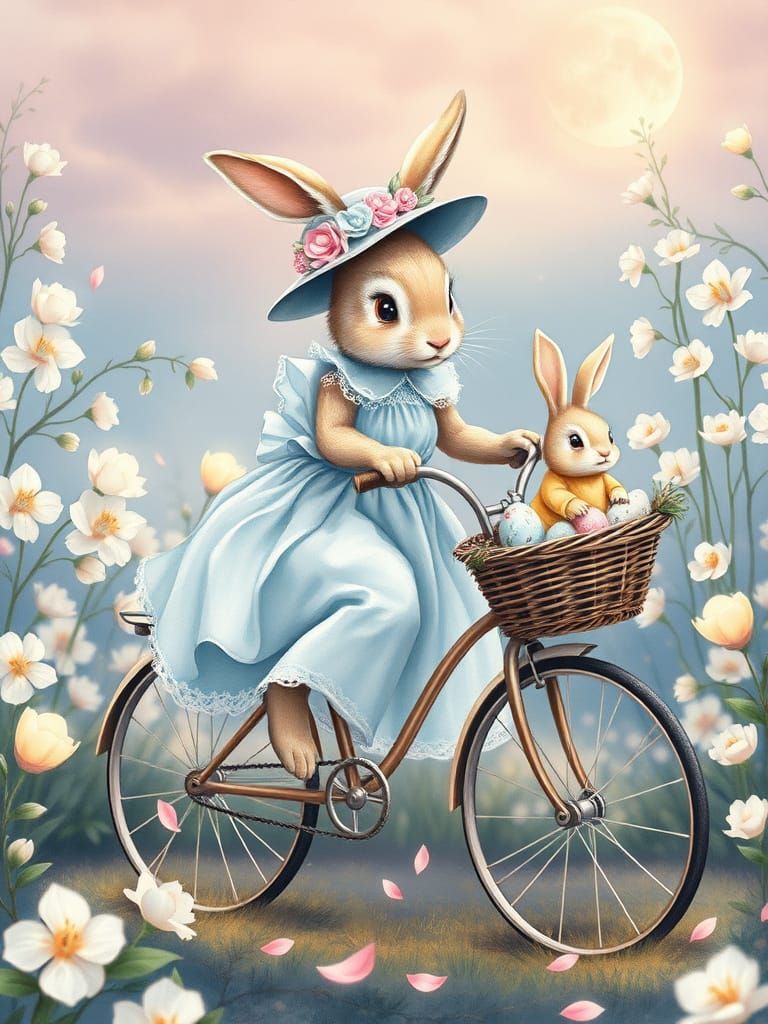 Whimsical Watercolor Bunny in Vintage Garden Scene