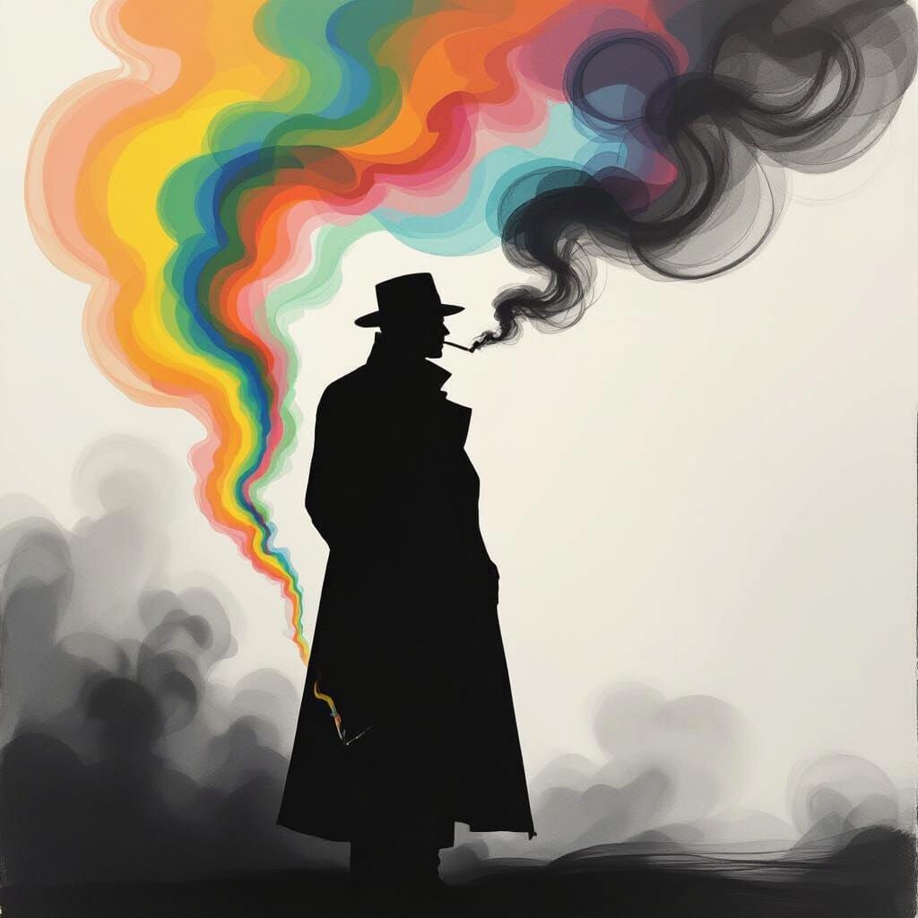 Monochrome Silhouette with Rainbow Smoke, Expressionist Styl...