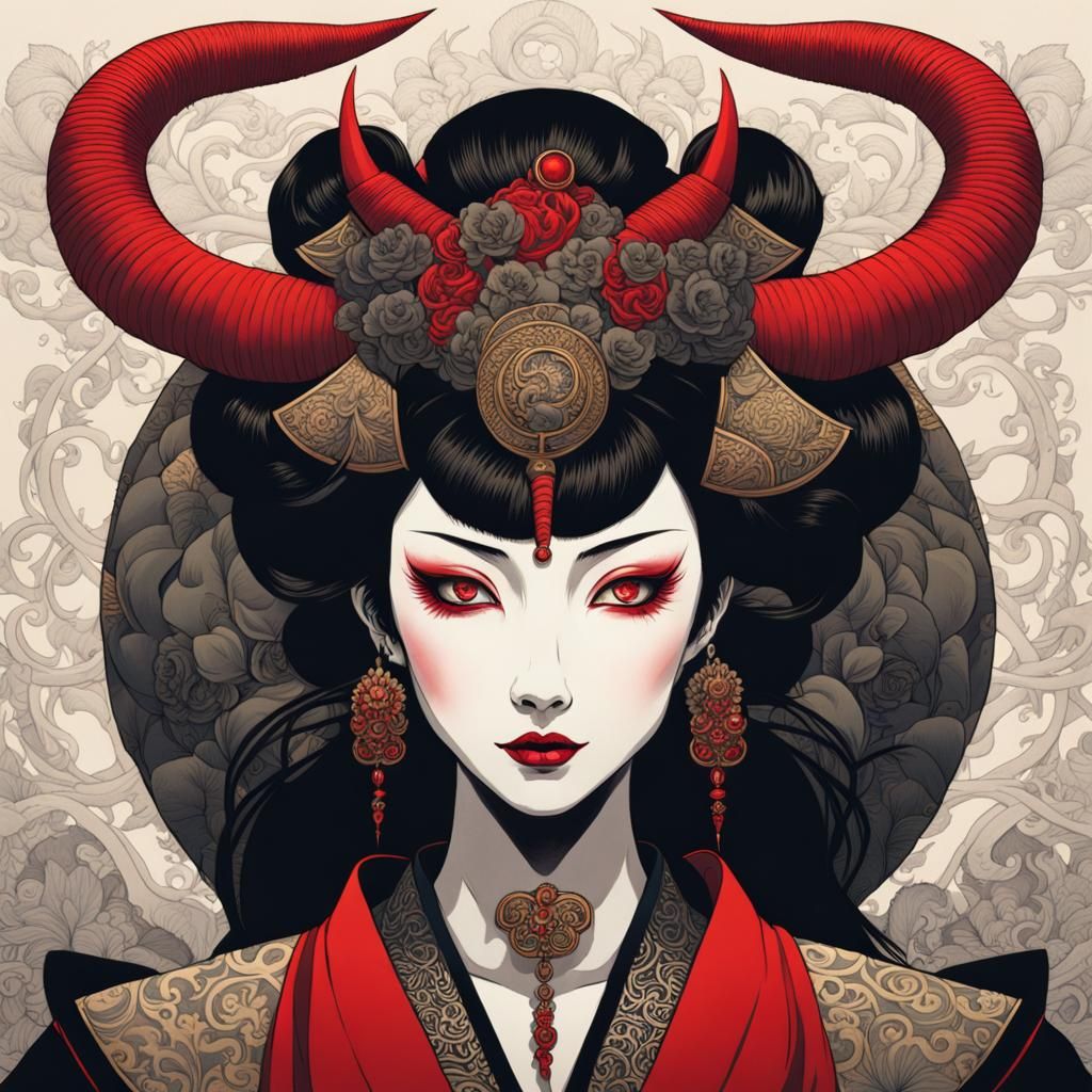 Terrifying Androgynous Geisha with Red Horns, in Manga Style