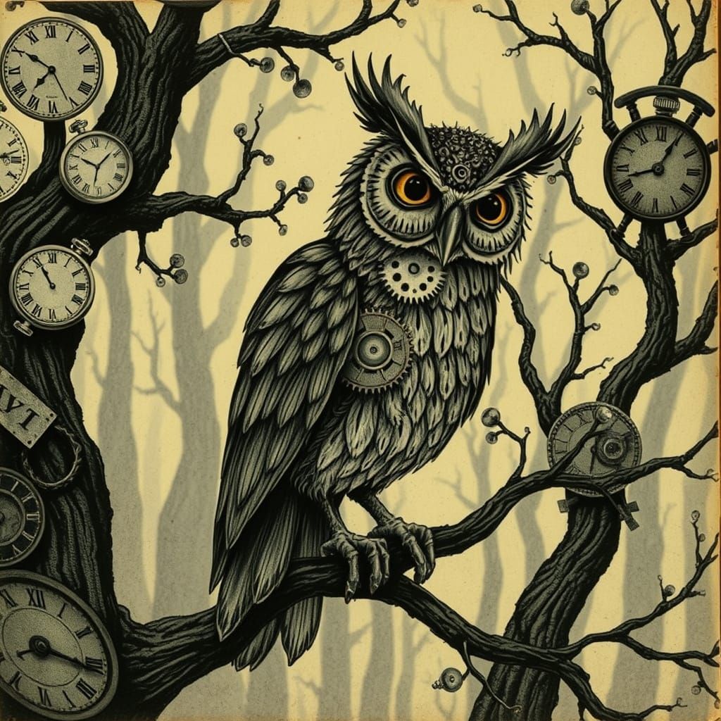 Clockwork Owl in a Surreal Clock Forest