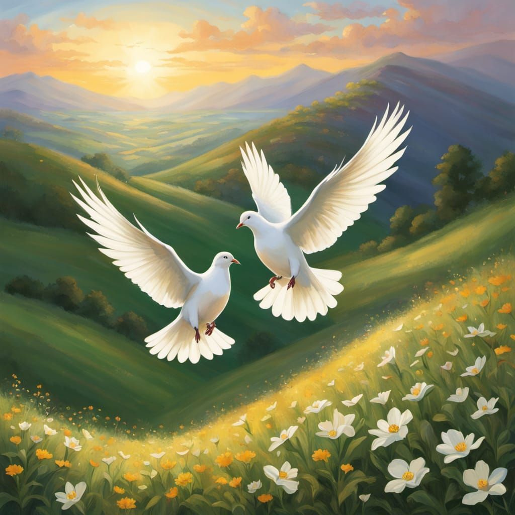 Glowing Doves in Golden Sunset