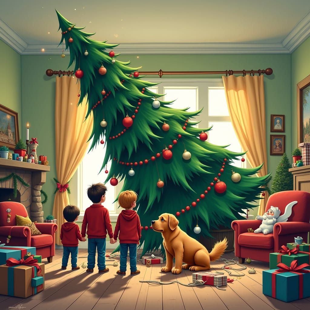 Humorous Christmas Chaos with Oversized Tree