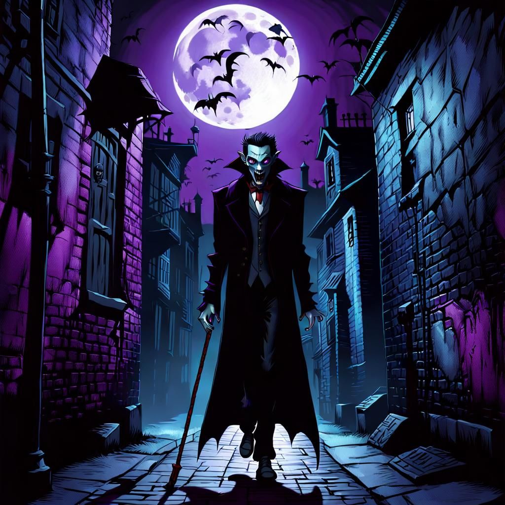 Vampire on Pogo Stick in Dark Alleyway