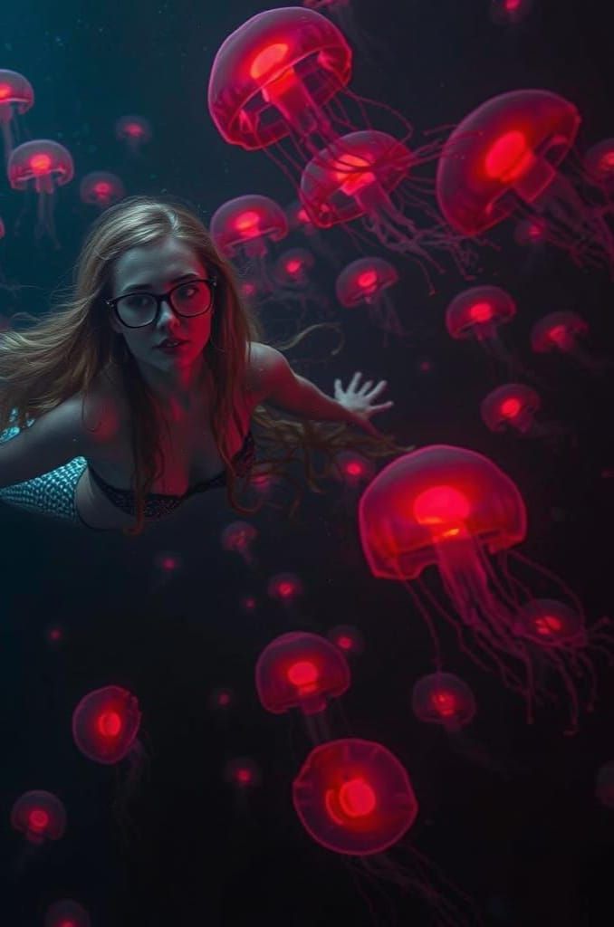 Mystical Mermaid with Glowing Jellyfish, HDR Photography