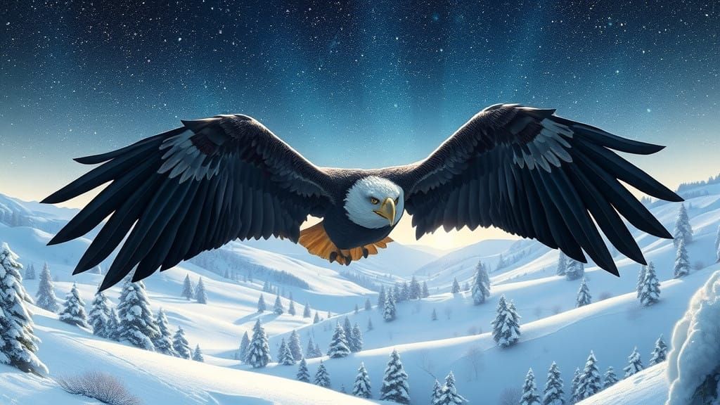 Eagle Silhouette Against Winter Wonderland in Ethereal Surre...