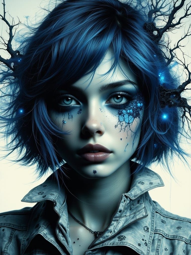 Gothic Portrait of a Sad Woman with Blue Hair