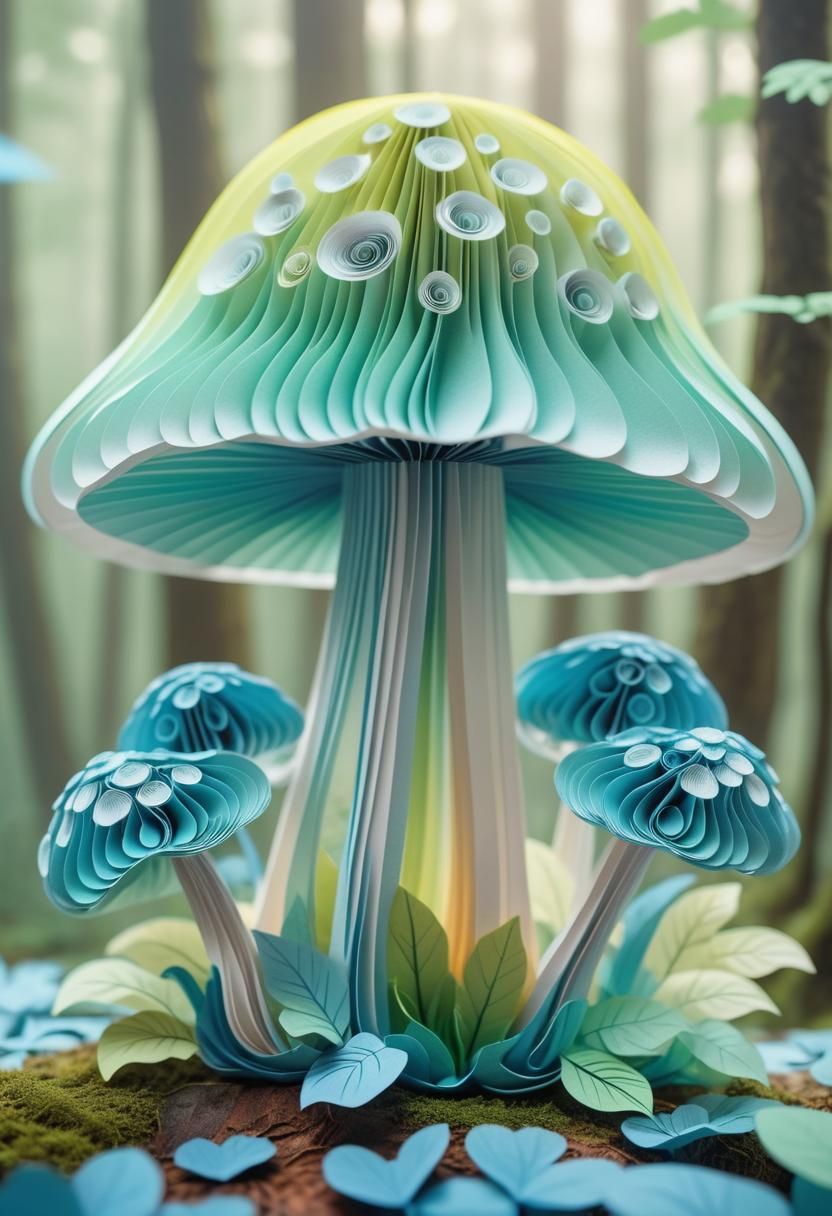 Origami Mushroom Papercraft in Misty Forest