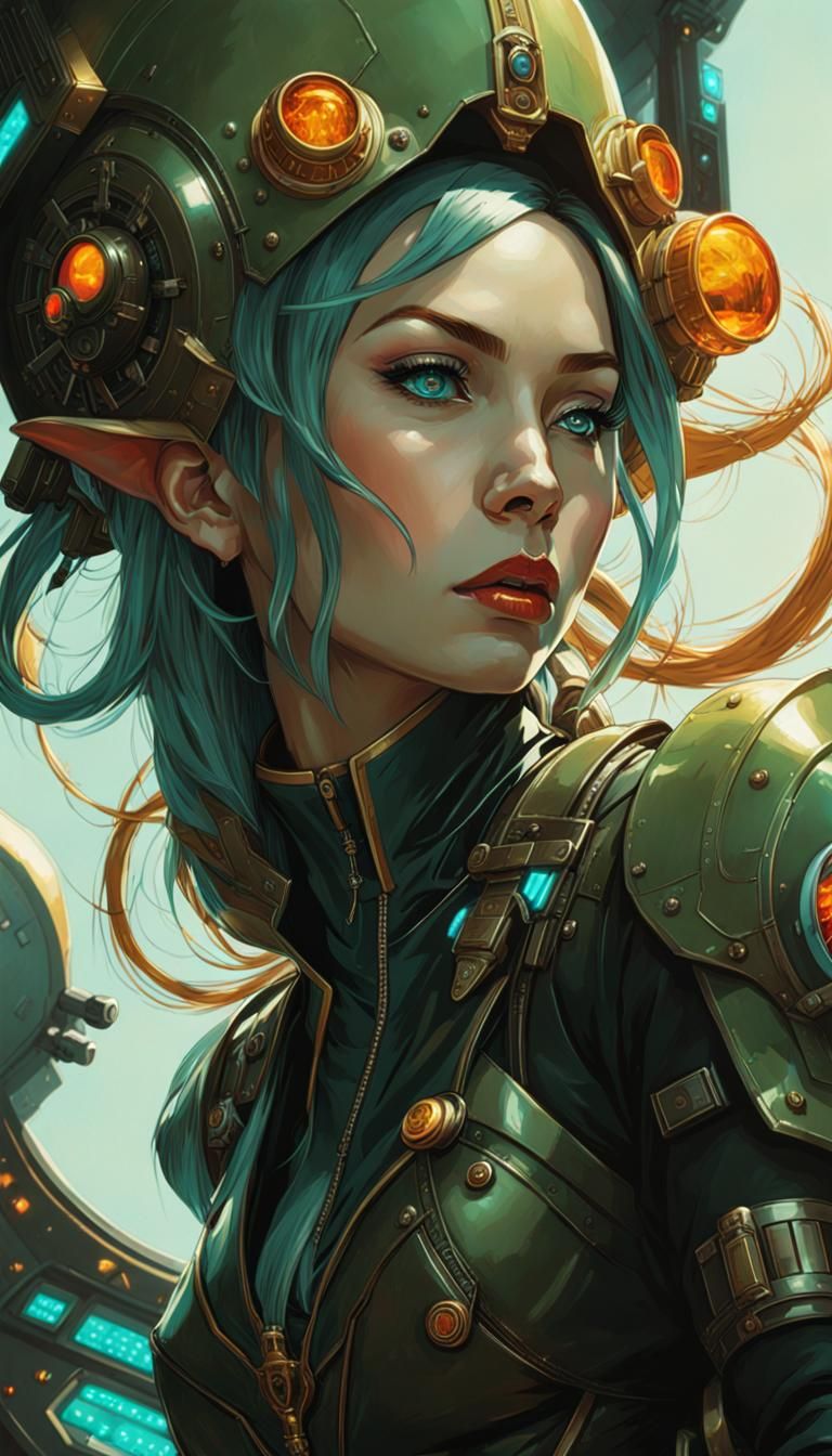 Amber Goblin Trooper at Spaceship Console, Art Nouveau Style