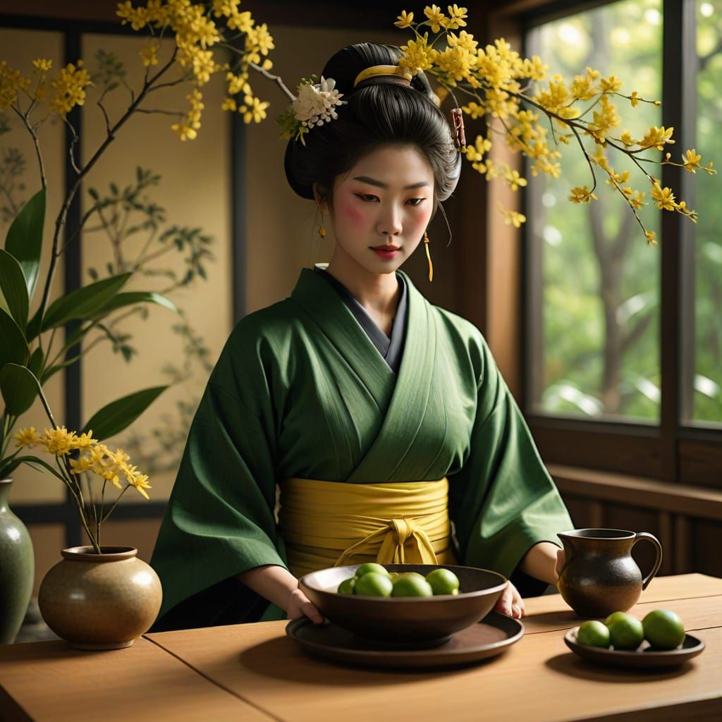 Realistic Geisha in a Whimsical Forest Green Kimono, Set in ...