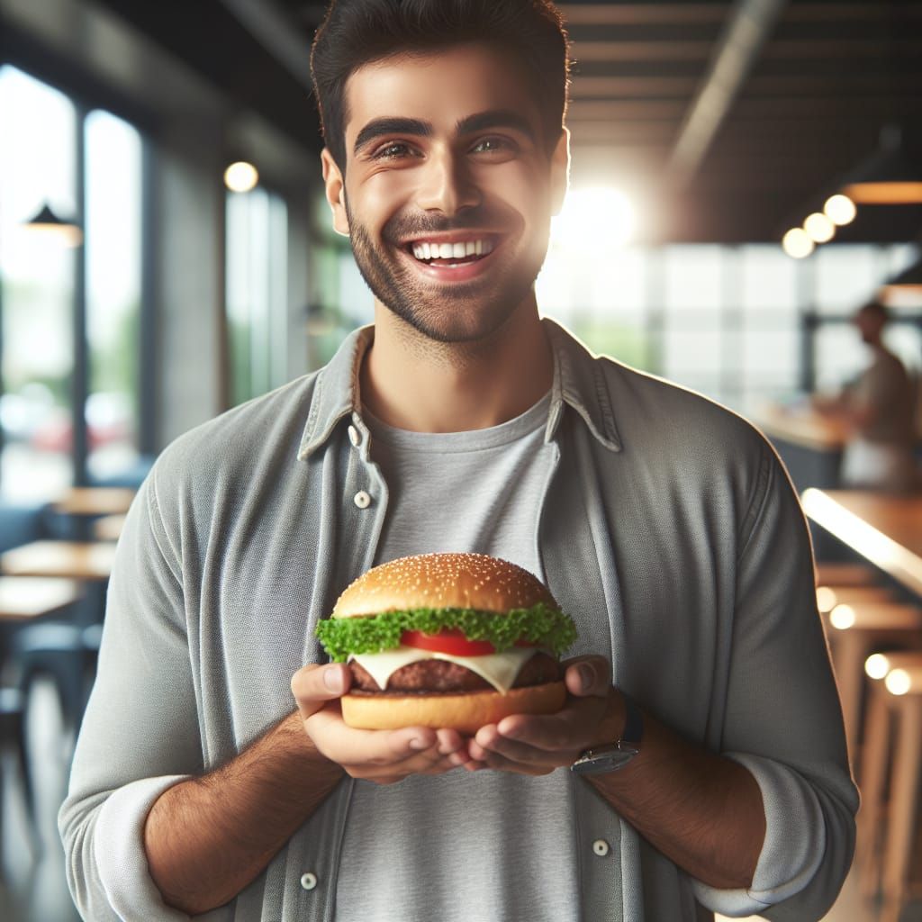 Happy Man Holding a Large Burger
