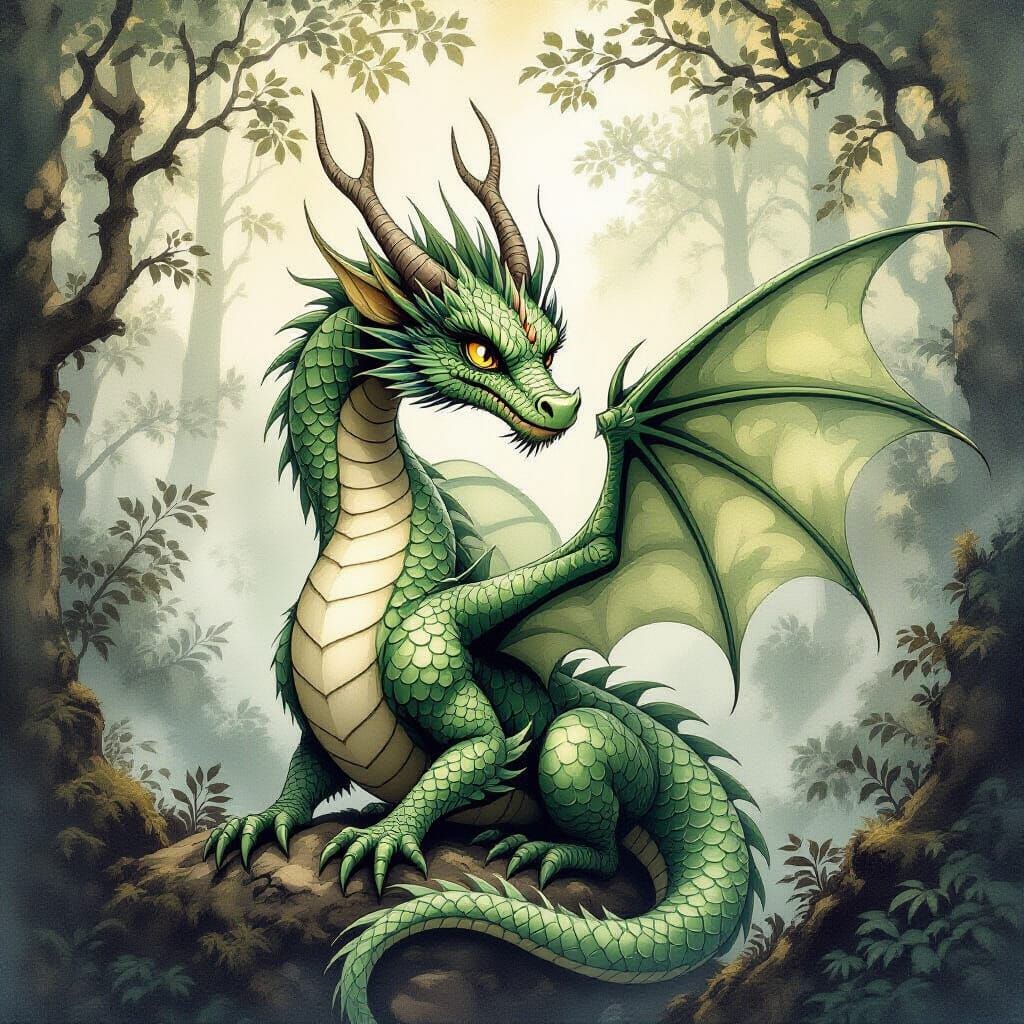 Romantic Goth Dragon in Sepia Watercolor Style