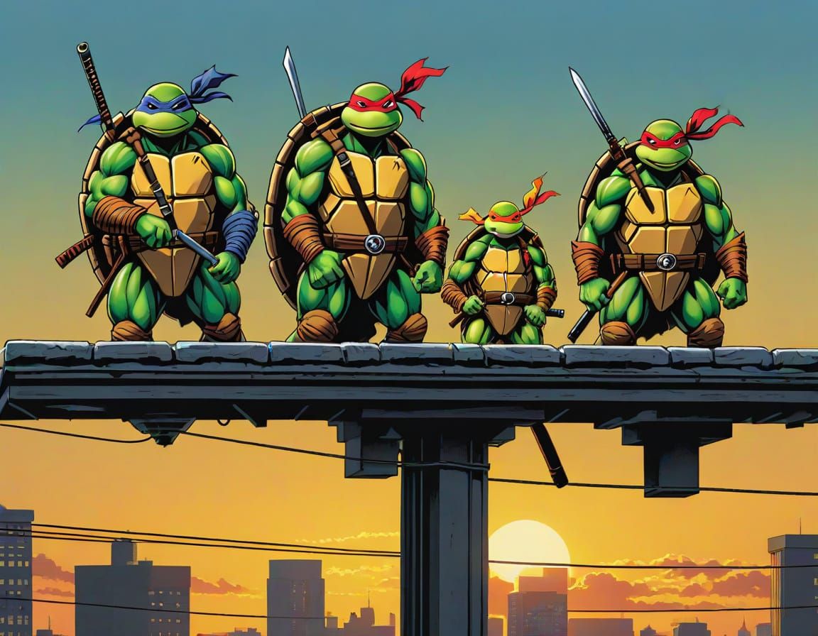 Four Ninja Turtles on City Rooftop