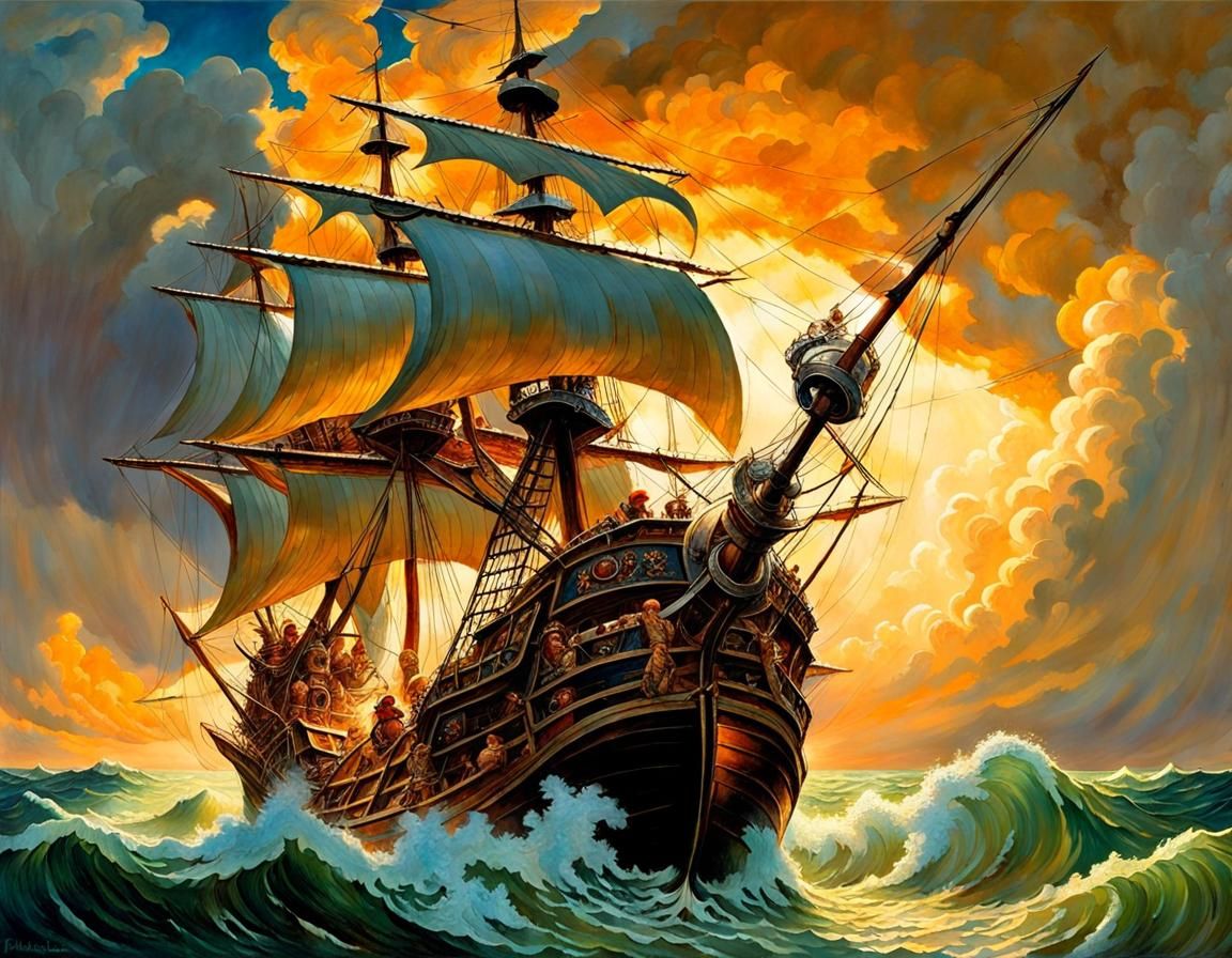 Pirate Ship Battles Sea Monster: Chiaroscuro Painting