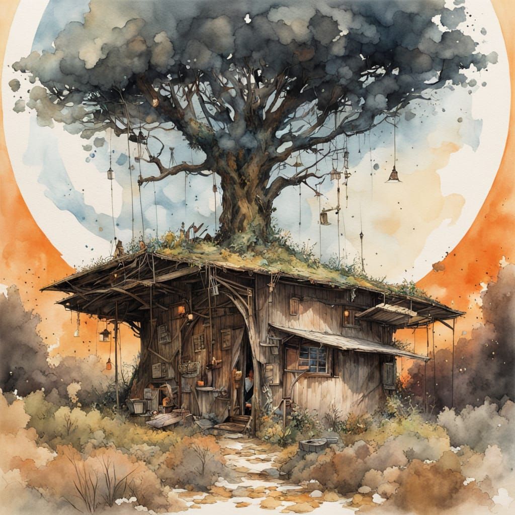 Chibi Style Treehouse Under Full Moon