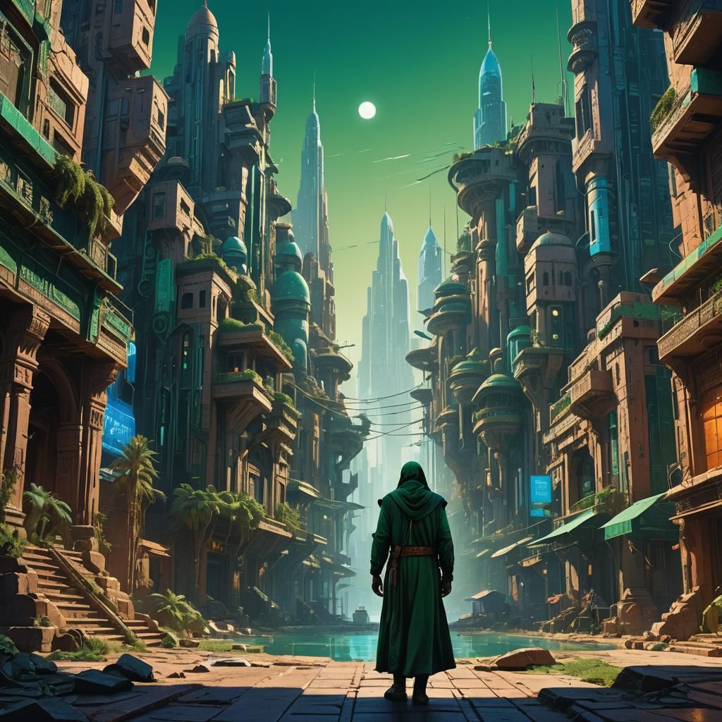 Mystical Figure in Ancient City, Syd Mead Style