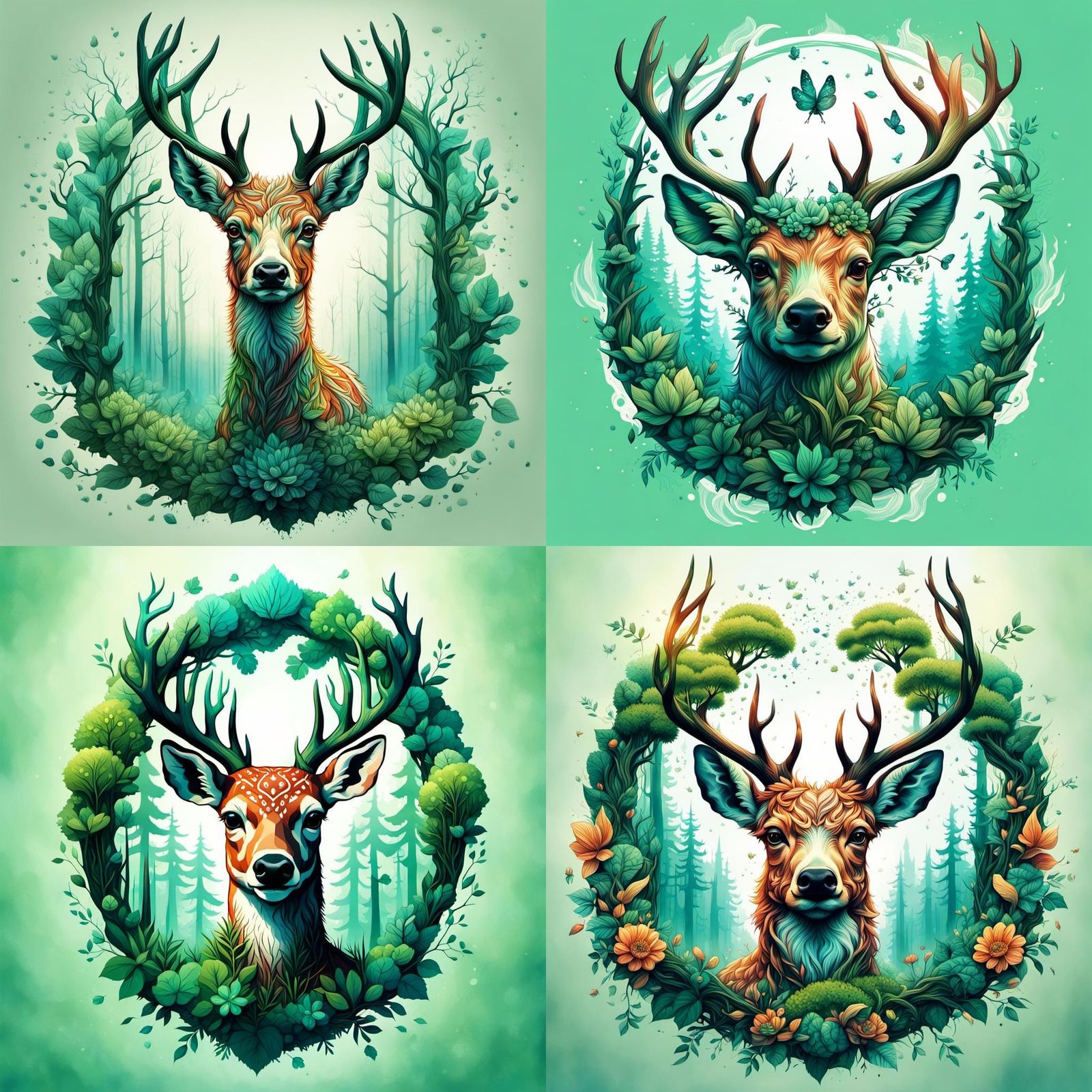 Roe Deer Mandala in Green Forest: Digital Illustration