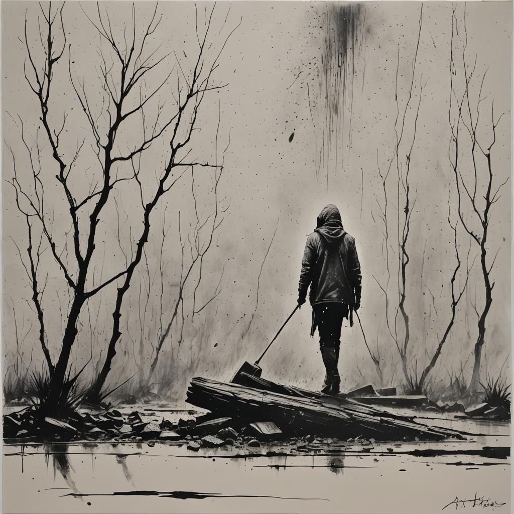 Ashen Rain: Charcoal Drawing on Cardboard