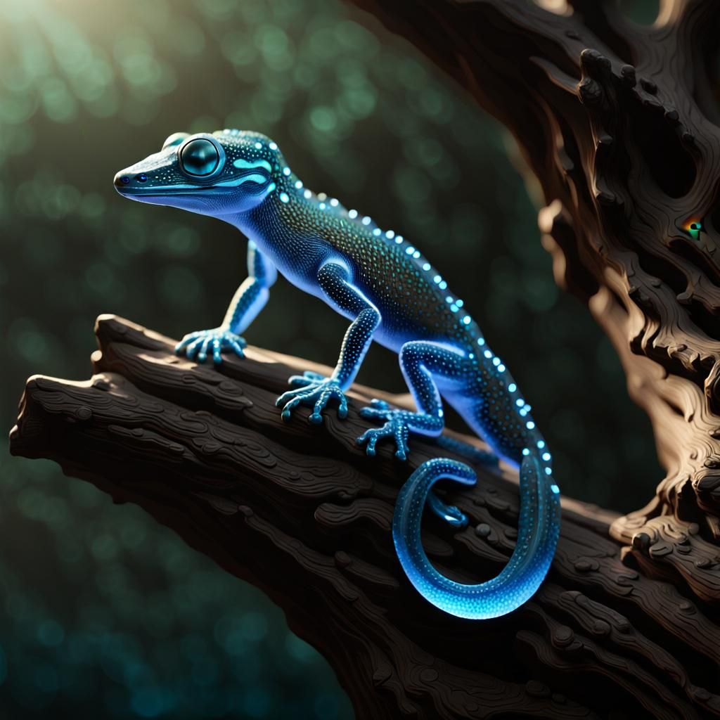 Bioluminescent Crystal Gecko Sculpture on Tree Stump
