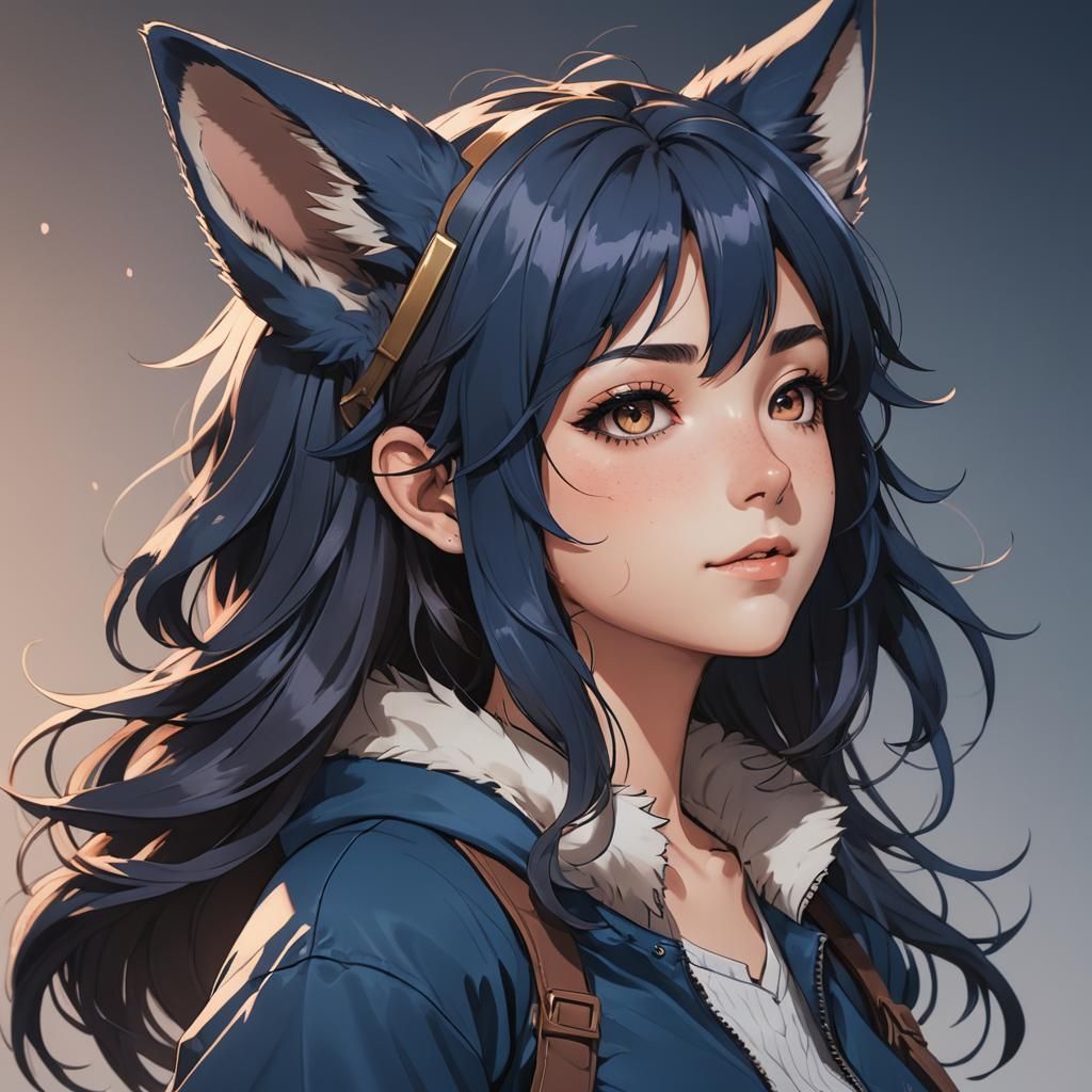 Anime Girl with Wolf Ears in Cel-Shaded Style