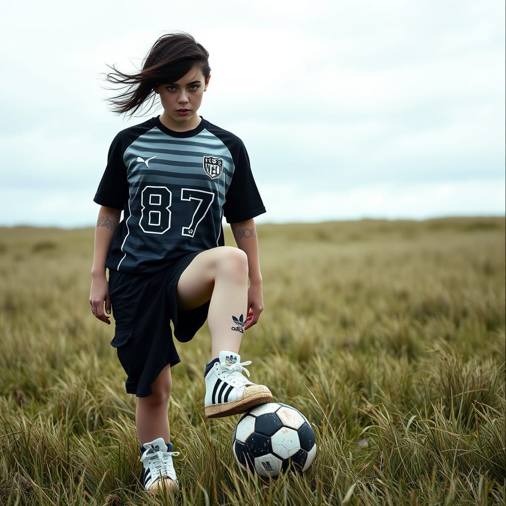 Young Woman with Soccer Ball in Windswept Field