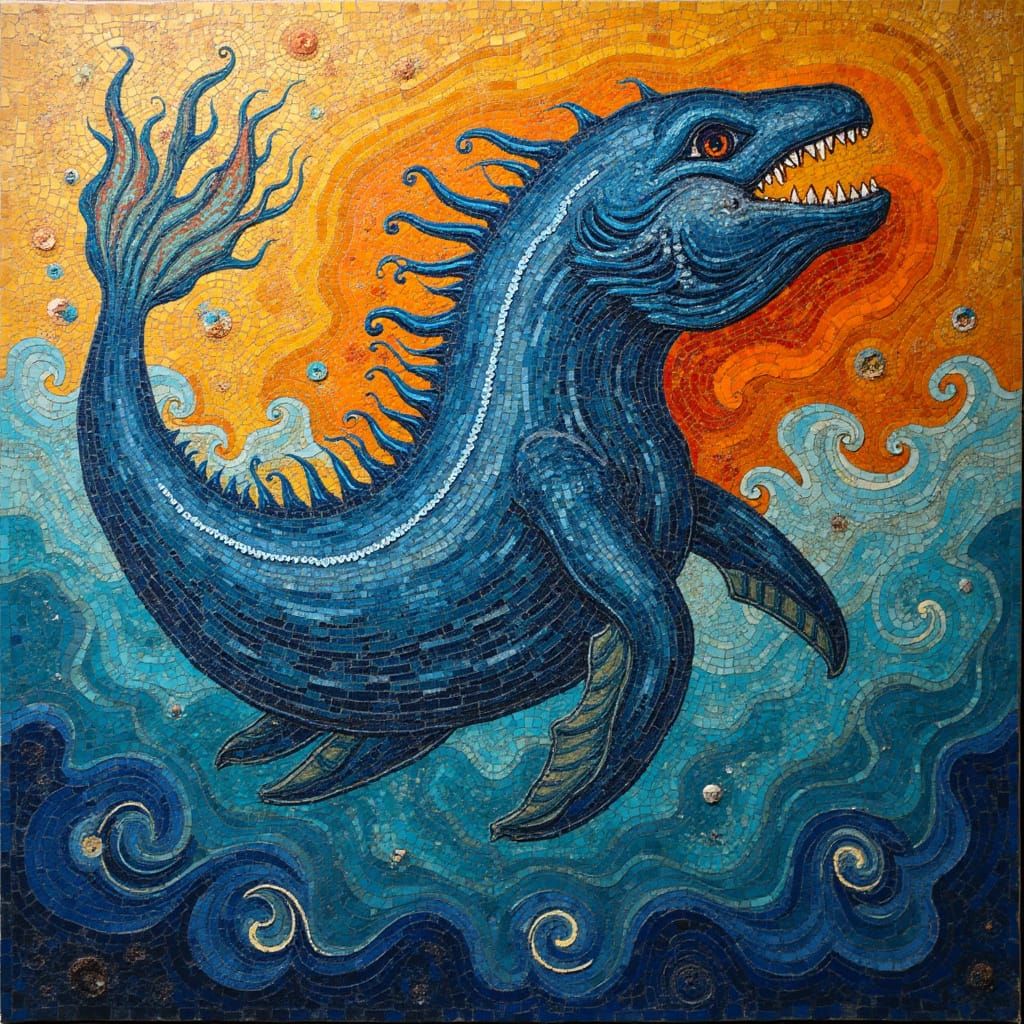 Vibrant Sea Monster Mosaic in Abstract Expressionist Style