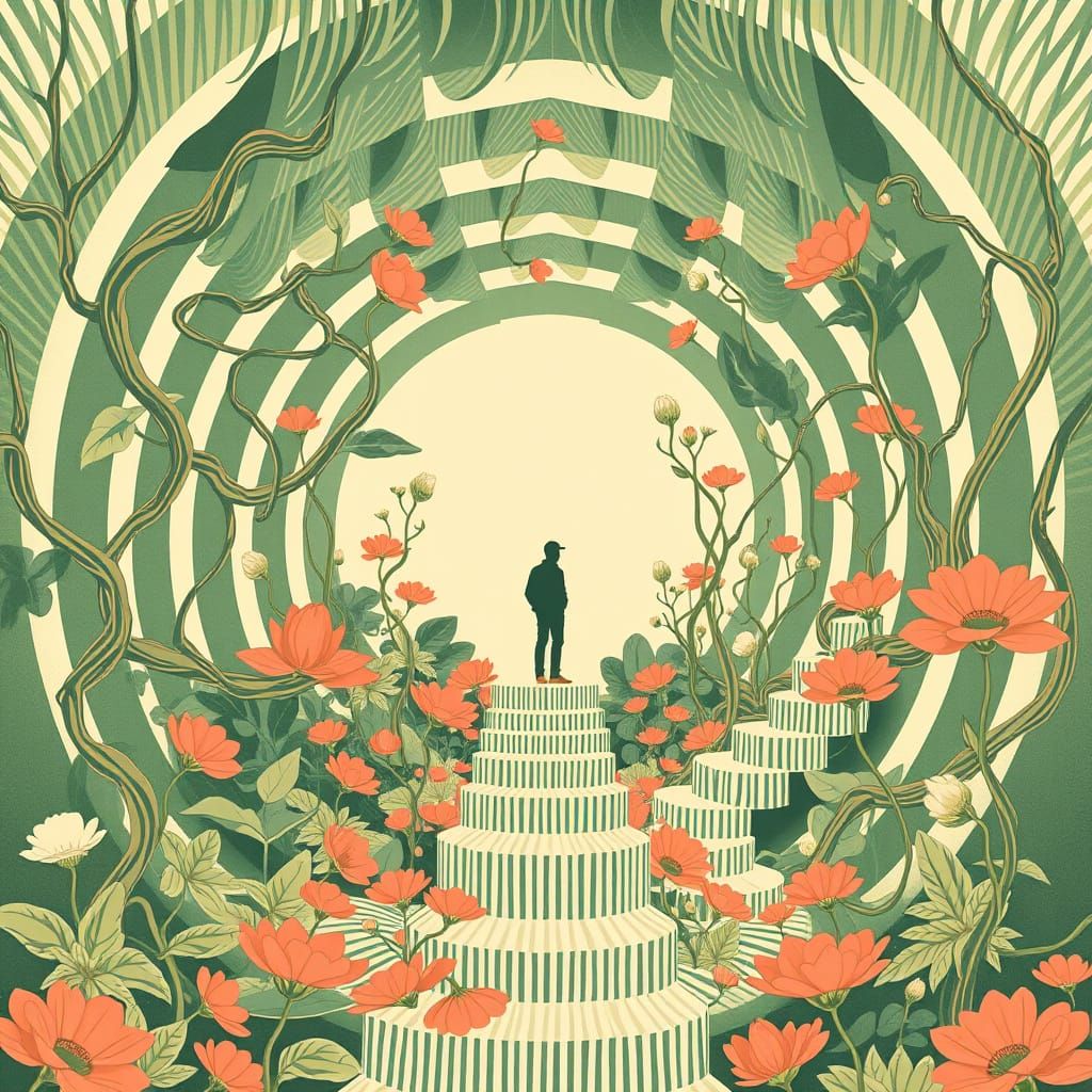 Retro Optical Illusion World with Striped Plants