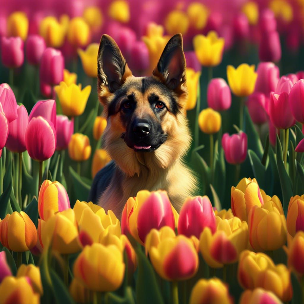 German Shepherd Puppy in Vivid Tulip Field