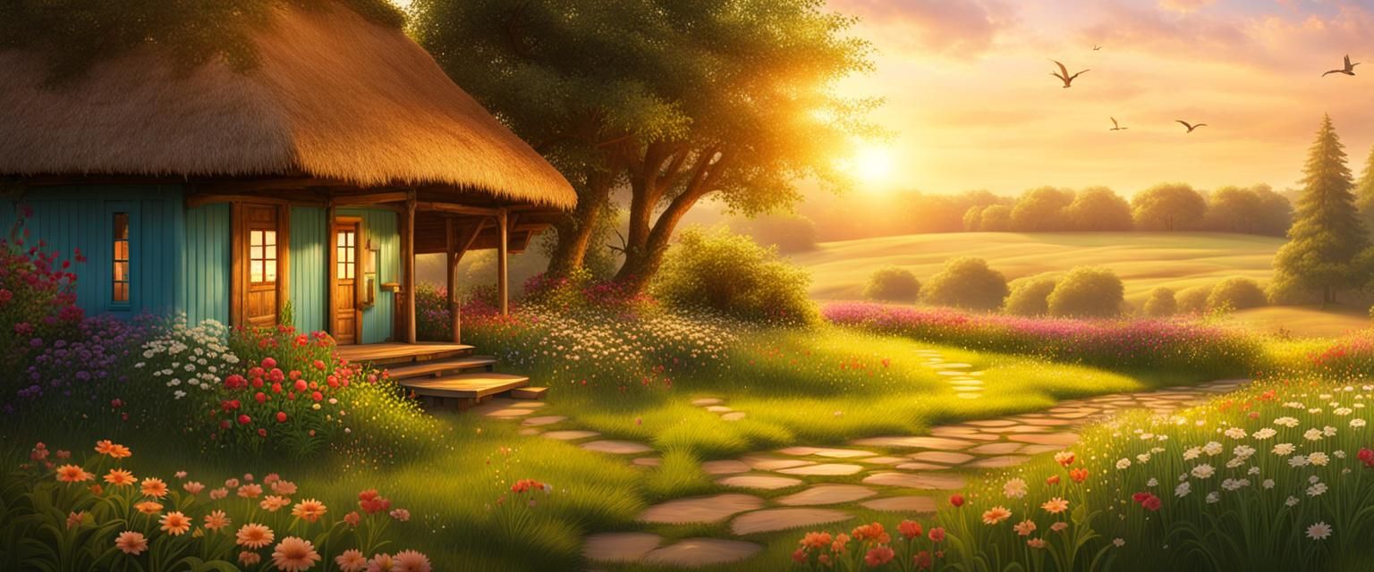 Picturesque Thatched Hut in a Flower Meadow