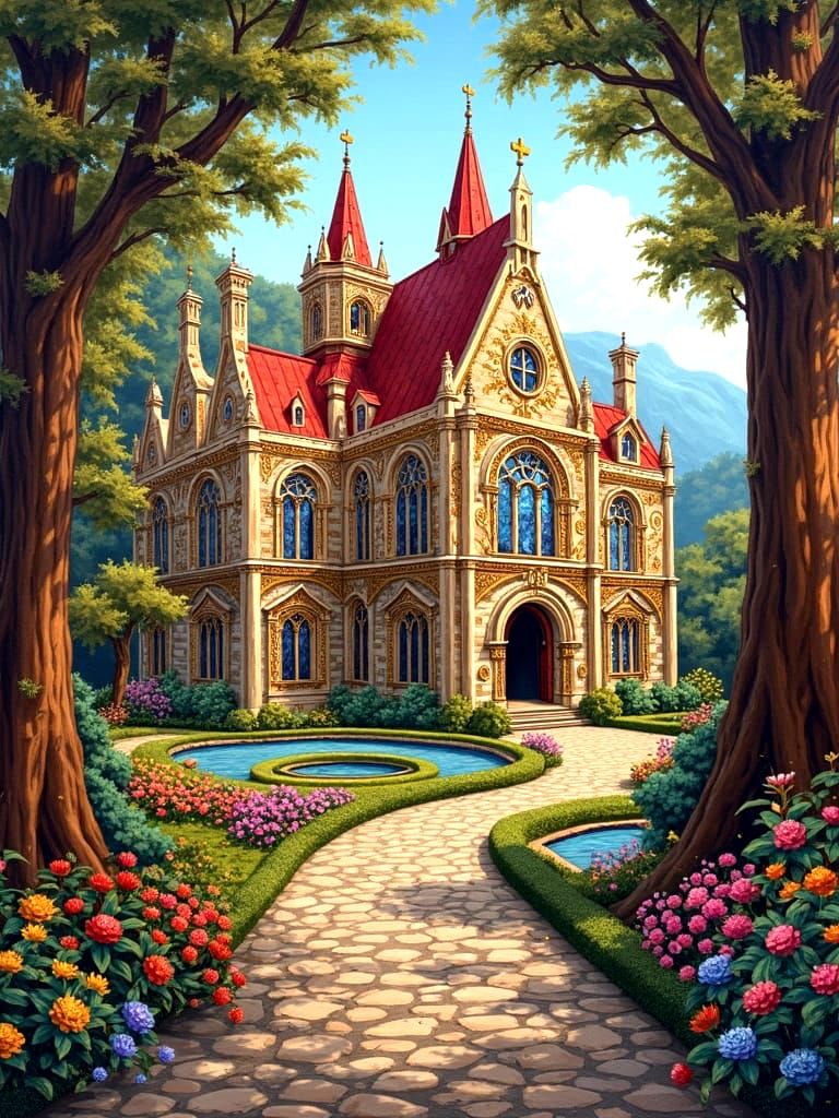 Vibrant Renaissance Castle Abbey Needlepoint Artwork