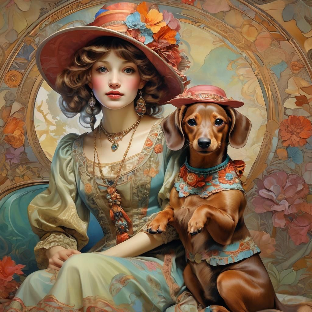 Art Nouveau Portrait of Woman with Dachshund Puppy