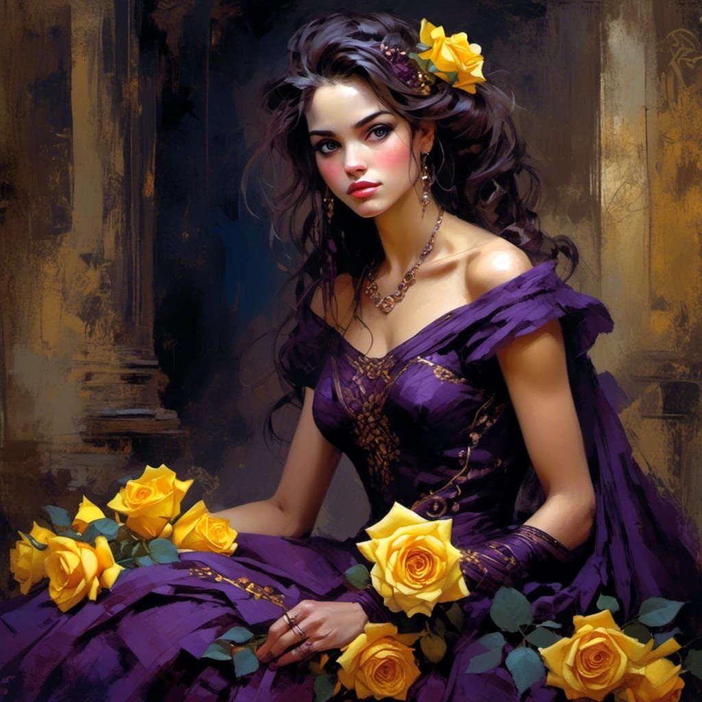 Woman in Purple Dress with Yellow Roses Portrait