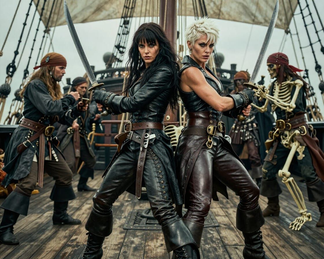 Two Pirate Women Battle Skeletons on Ship Deck