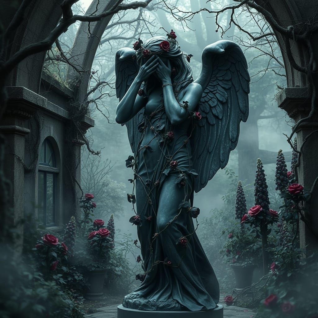 Weeping Angel Statue in Thorny Black Rose Garden