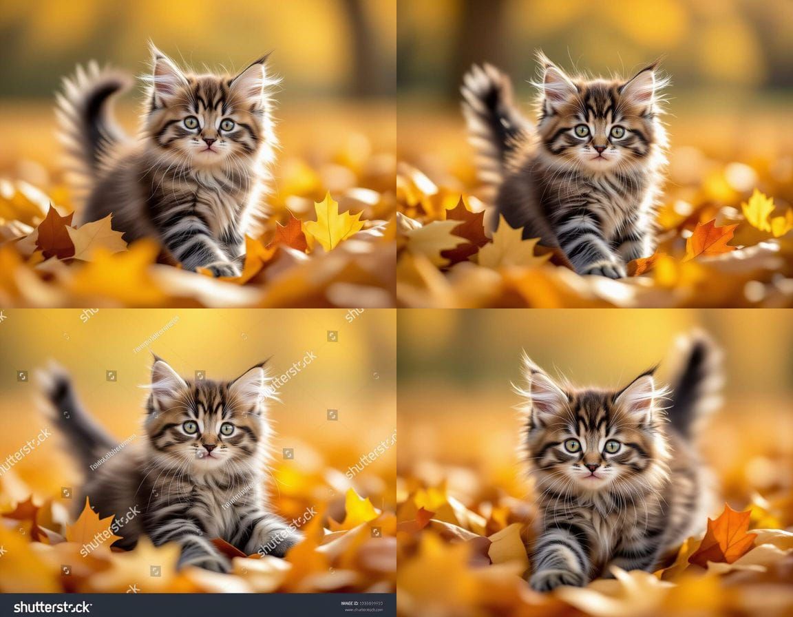 Fluffy Kitten Plays in Autumn Leaves with Bokeh
