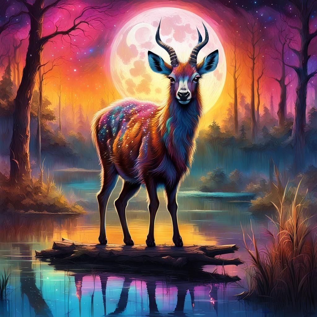 Sitatunga in Fantasy Lake with Graffiti Tree