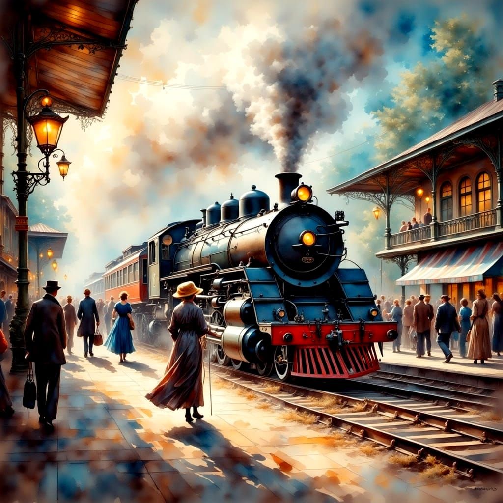 Impressionist Train Station Scene in Early 20th Century Styl...