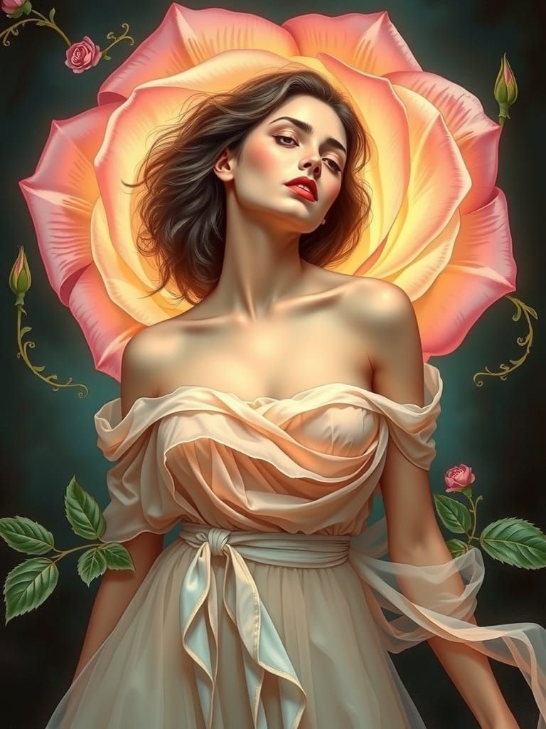 Elegant Woman Emerges from Blooming Rose, Art Nouveau