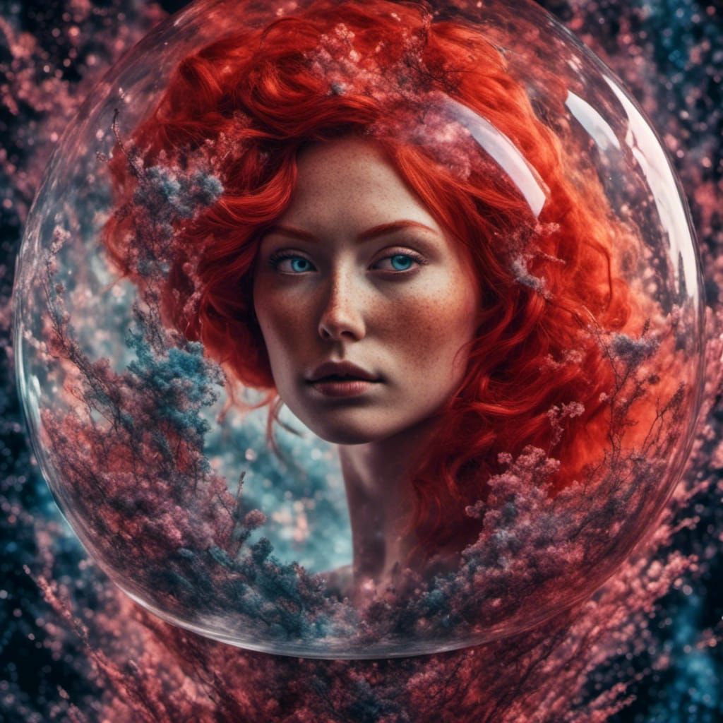 Nebula Double Exposure: Red-Haired Couple in Champagne Flute