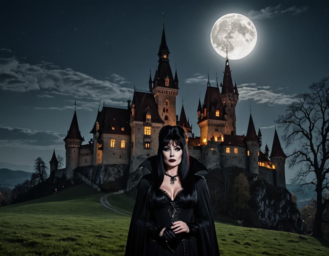 Elvira at Transylvania Castle Under Full Moon